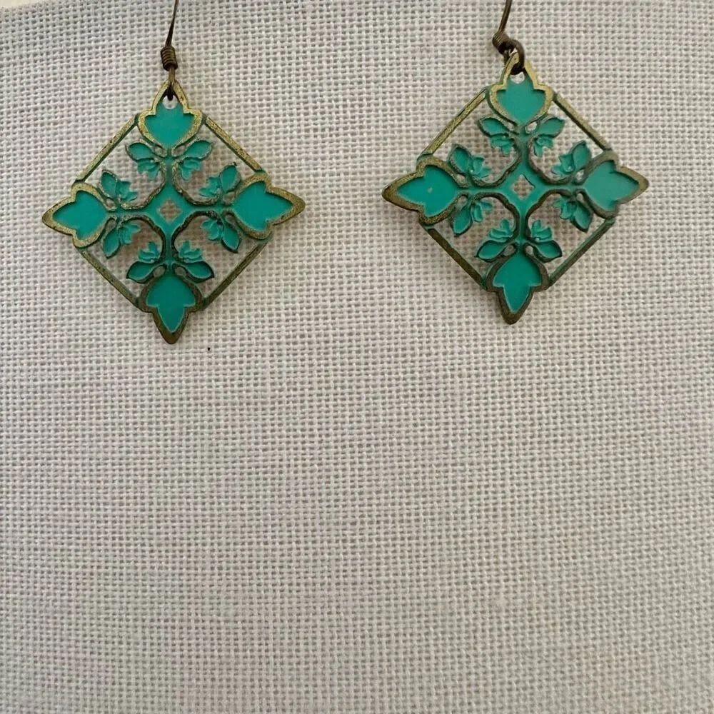 Turquoise blue and gold square floral drop earrings
